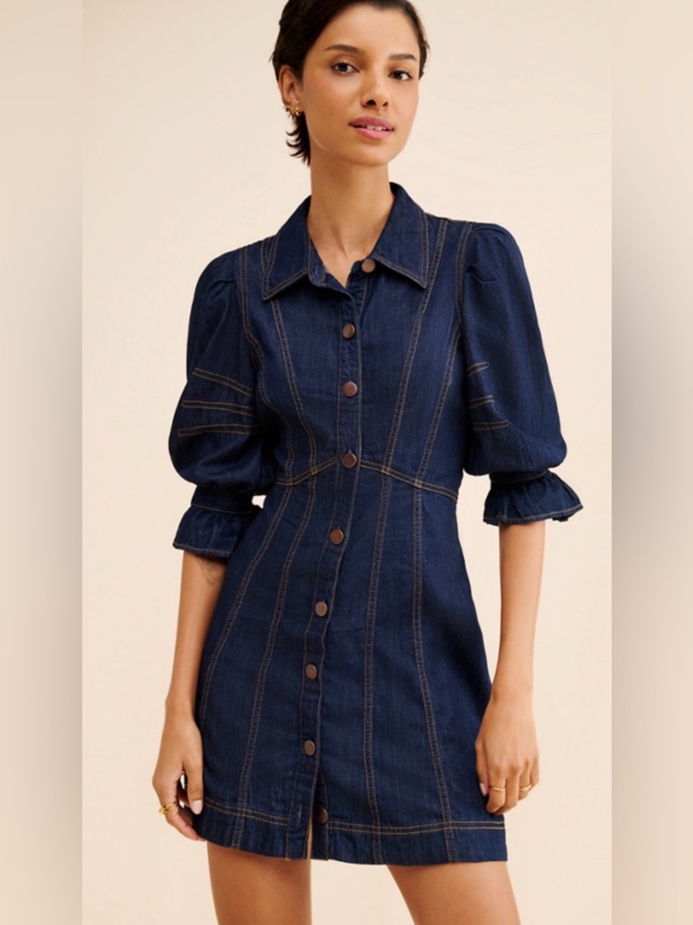 Anthropologie Navy Denim Button-Front Puff Sleeve Mini Dress